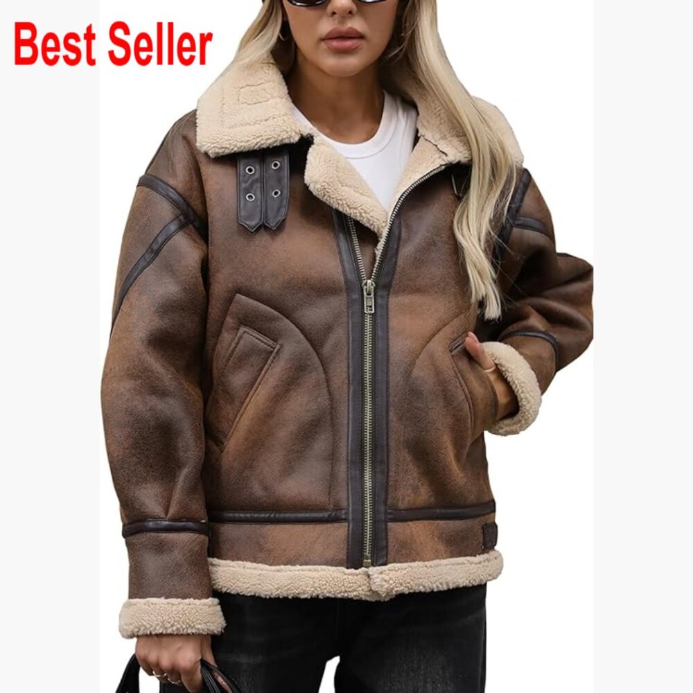 Faux Leather Aviator Bomber Jacket With Sherpa Lining